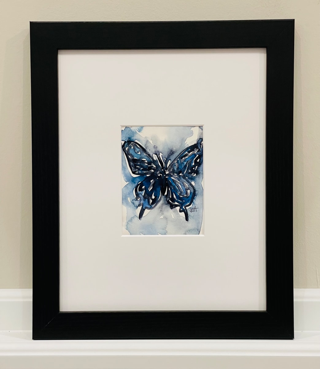Think good thoughts. Speak kind words. by JJ Hogan  Image: Payne's Grey and Blue butterfly-inspired watercolor; thick black wood frame, matted under glass.