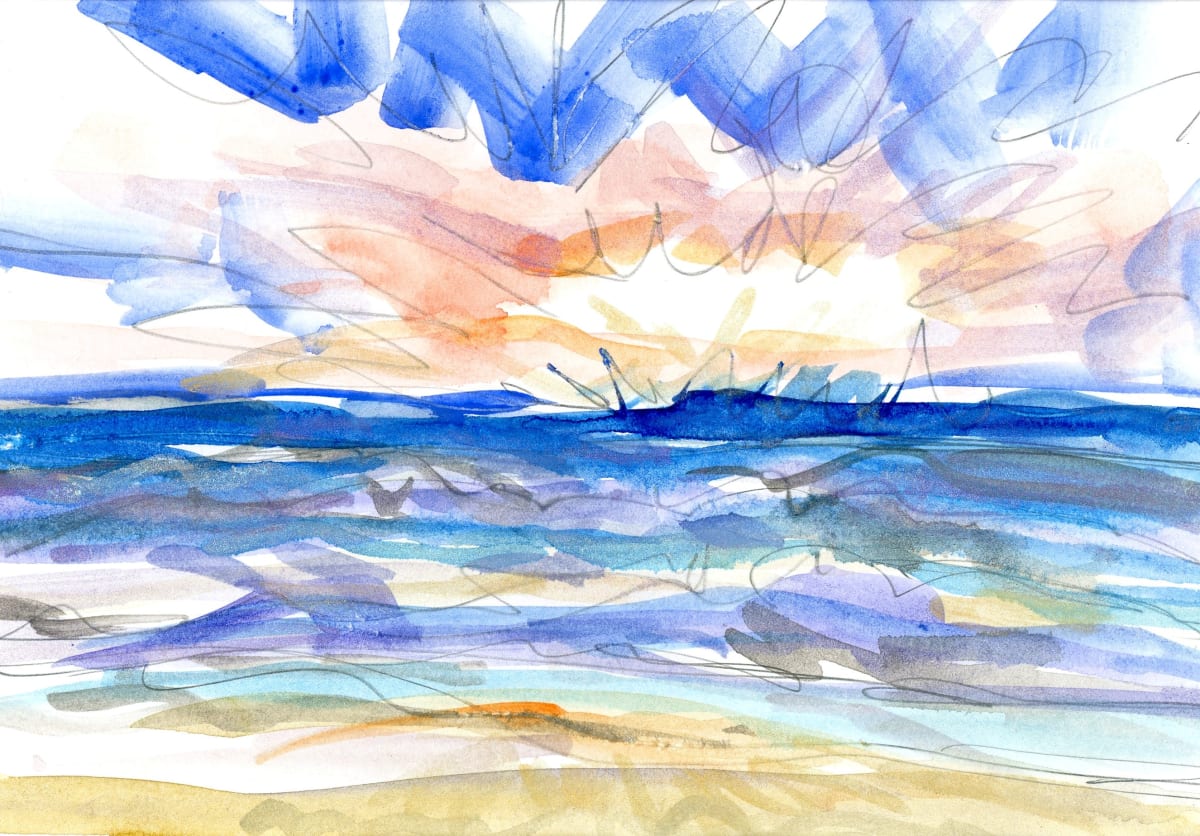 The more warmth you give, the more warmth you receive by JJ Hogan  Image: Coastal-inspired sunset landscape watercolor and pencil.