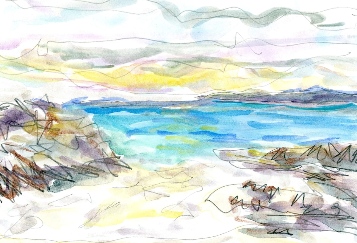 "I wish you good health, a long life, peace of mind, happiness and joy!" #2 by JJ Hogan  Image: Coastal-inspired landscape watercolor and pencil; professionally finished with a brushed silver frame, matted under glass.