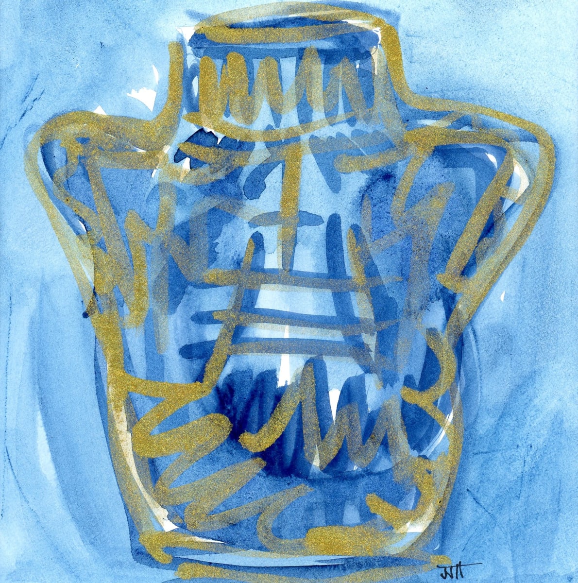 "Ornamental Vase #482" by JJ Hogan  Image: Contemporary ewer-inspired abstract gold and blue watercolor; white square gallery mat, ready to frame.