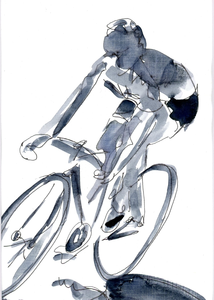 "We get good at what we choose to practice..." by JJ Hogan  Image: Cyclist-inspired Payne's grey and white watercolor and ink.