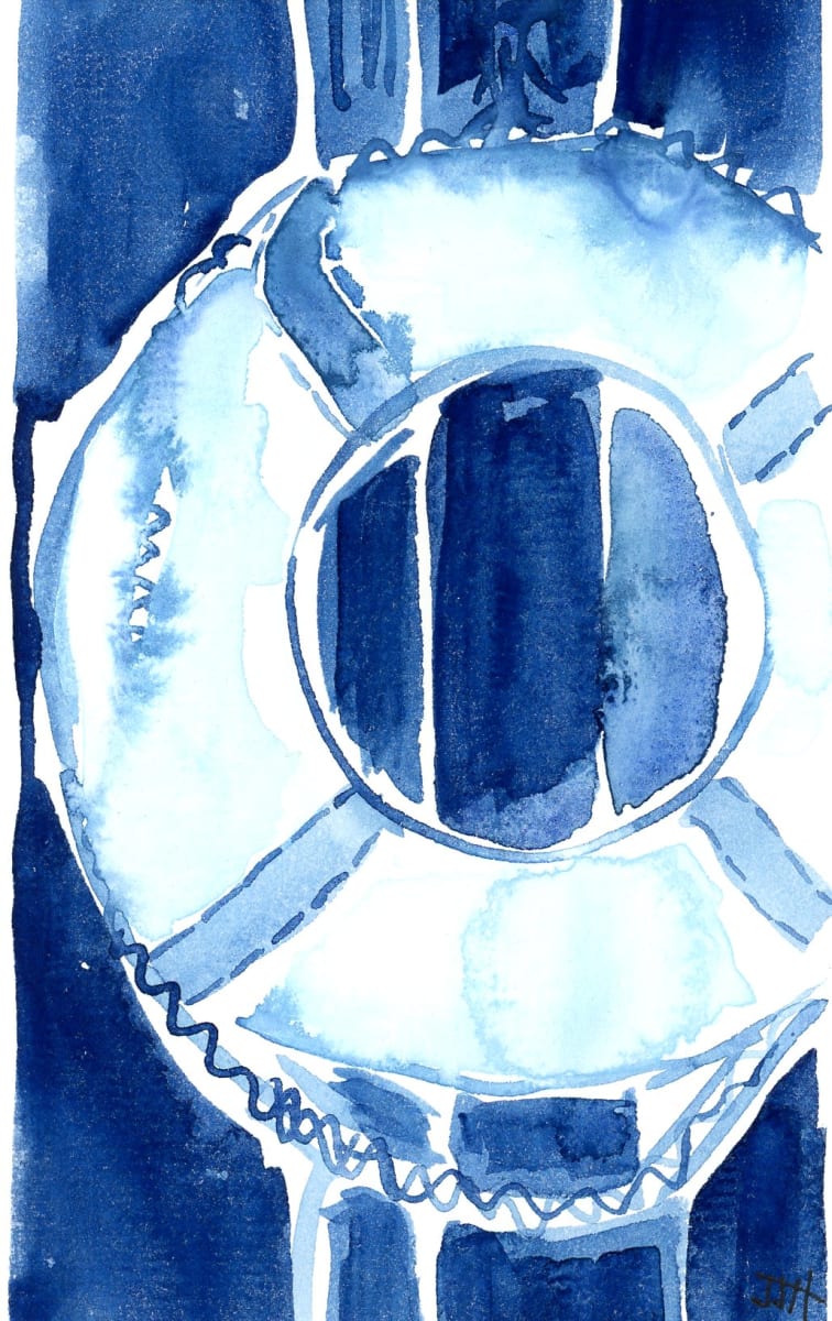 You can count on me by JJ Hogan  Image: Nautical-inspired indigo ring buoy watercolor; white gallery frame, matted under glass.