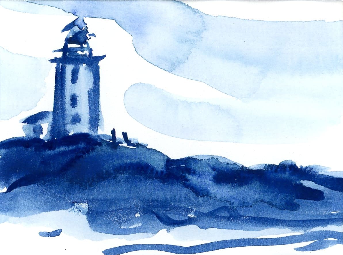 "Quotidean" by JJ Hogan  Image: Lighthouse-inspired blue and white petite watercolor; driftwood grey gallery frame, matted under glass.