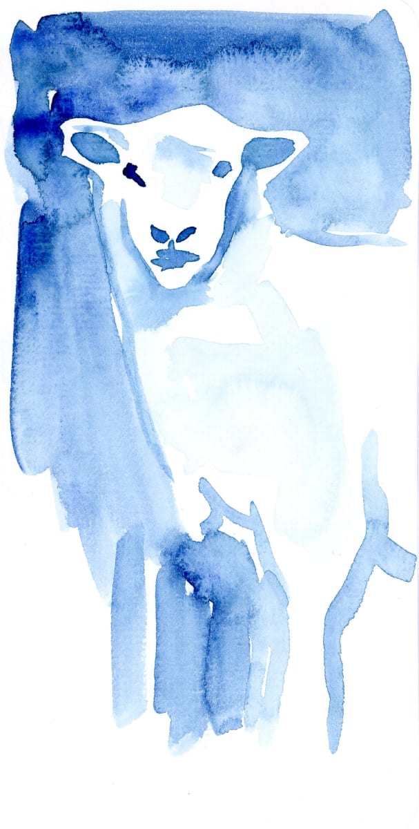 What you look for, you will find! by JJ Hogan  Image: Ewe-inspired blue and white watercolor; thick black glossy wood frame, matted under glass.