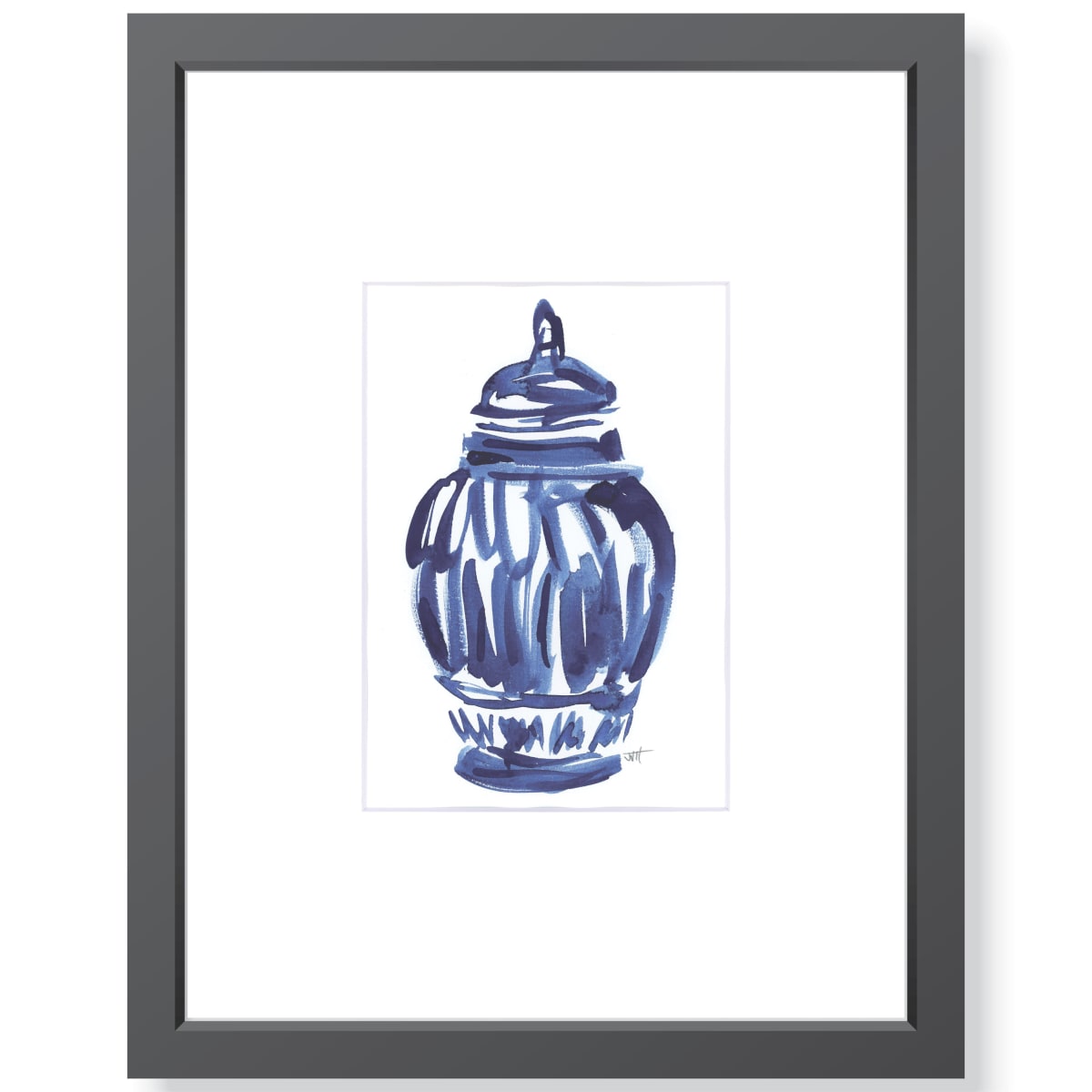 "Moment of Weakness" by JJ Hogan  Image: Abstract indigo chinoiserie ginger jar watercolor; black frame, showcased with an oversized gallery mat under glass.