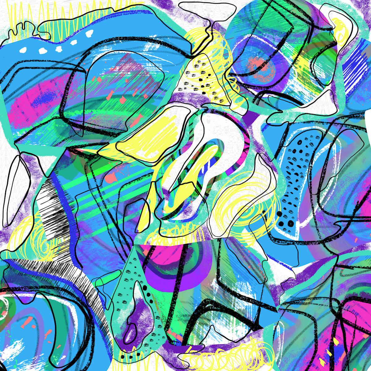 Almost There Pixels1 by Rosaria Bazan-Pepe  Image: Part of the Mark Making Pixels Series and was created with the continued intention of the process of creating digital paintings that mimic traditional collage and mixed media. Exploring digital mark-making to create a piece that feels like a fun energy.