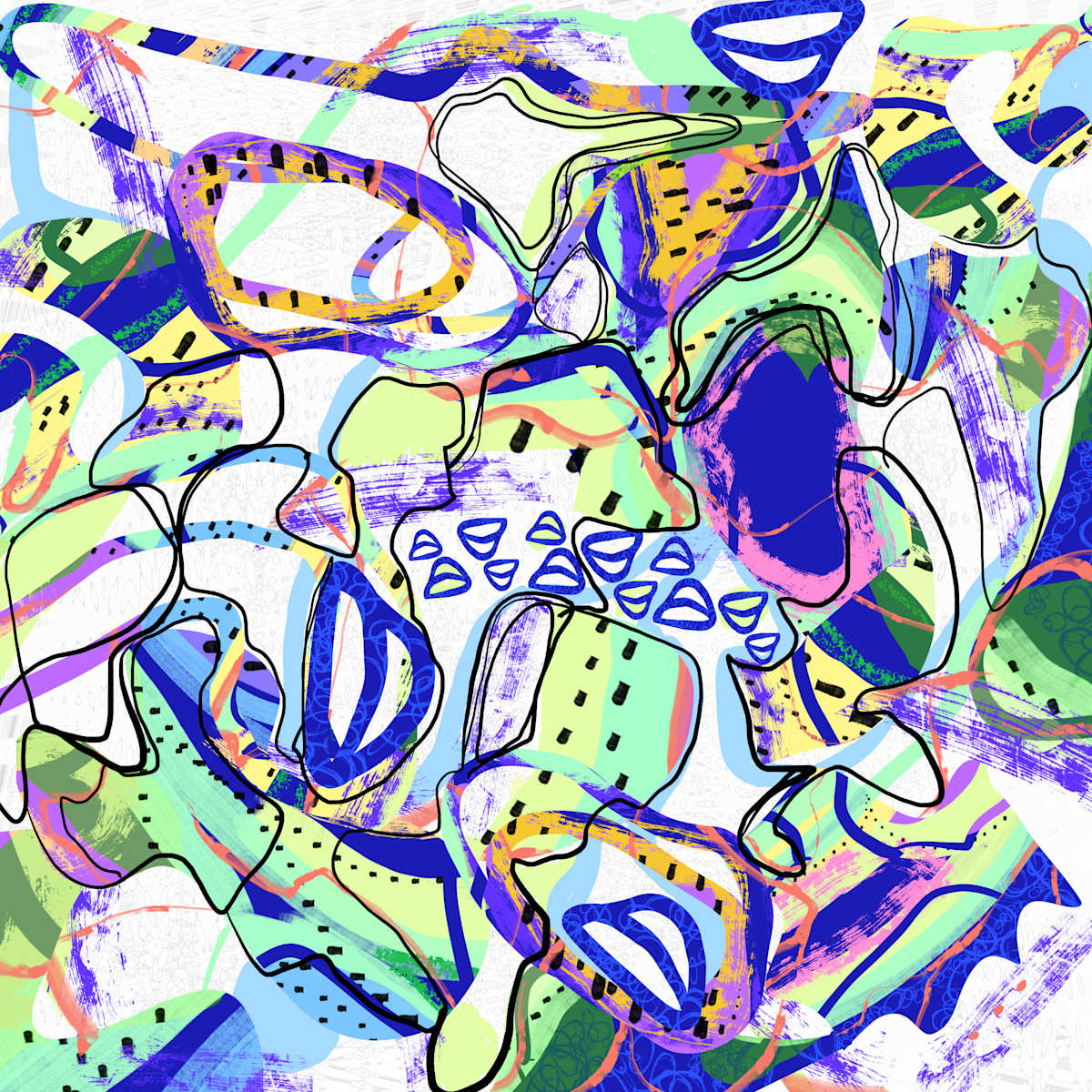 Mark Making Pixels 002 by Rosaria Bazan-Pepe  Image: Part of the Mark Making Pixels Series and was created with the continued intention of the process of creating digital paintings that mimic traditional collage and mixed media. Exploring digital mark-making to create a piece that feels like a fun energy. 