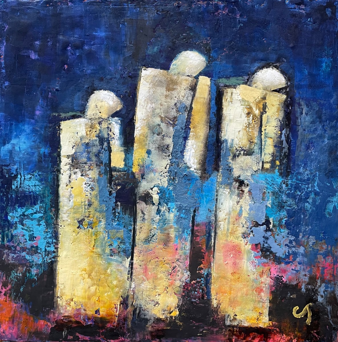 "Far From the Fire and the Tribe by Charlynn P Throckmorton  Image: Abstract figures in oil and cold wax.