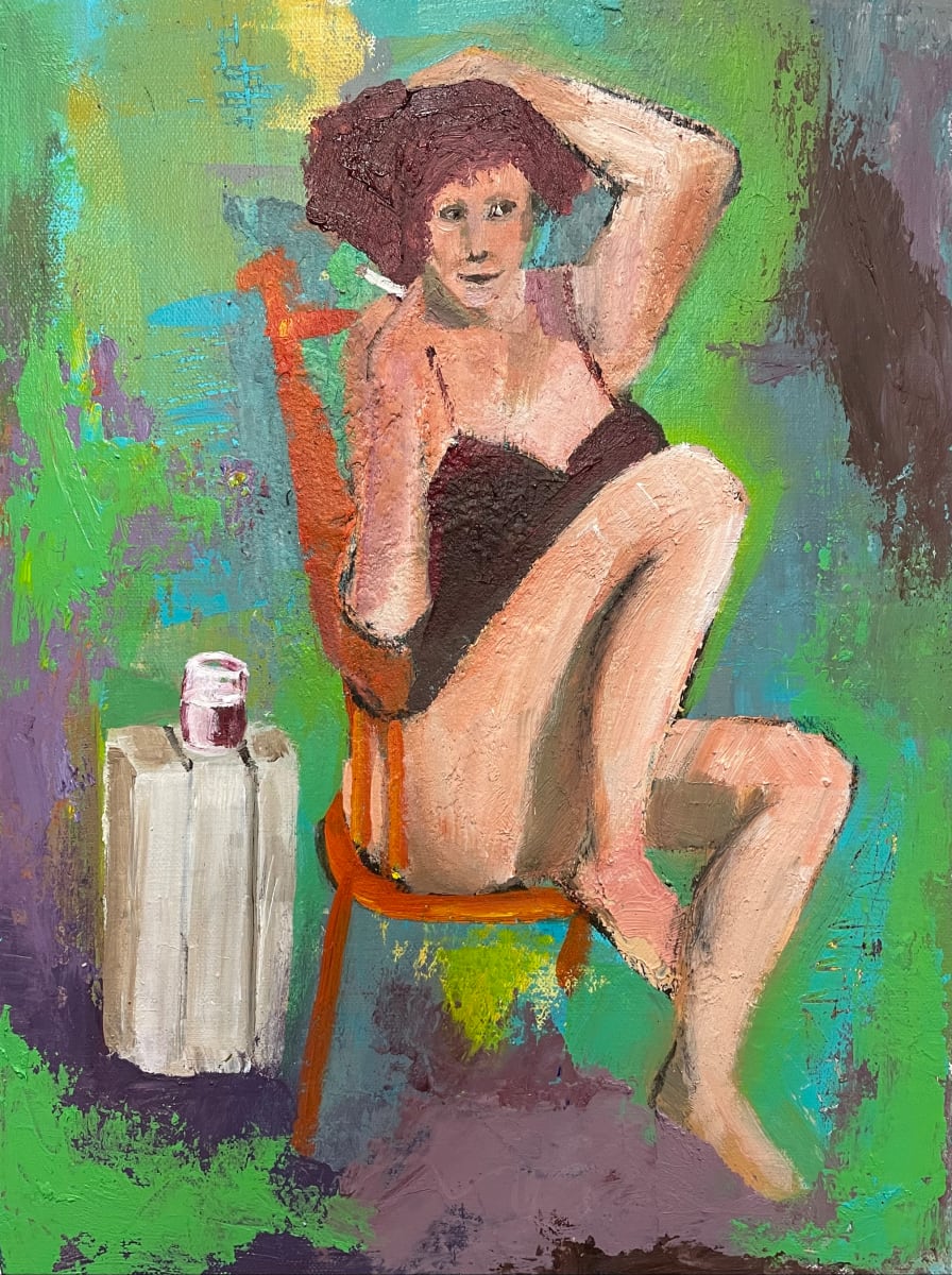"Oh Baby!" by Charlynn P Throckmorton  Image: This is an acrylic and cold wax painting of a mature woman having a fun time. She looks flirty and mischievous. 