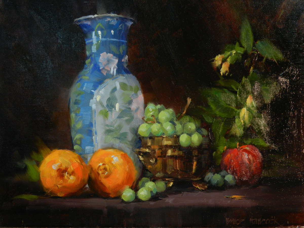 Blue Vase with Oranges and Grapes by Bruce Hancock 