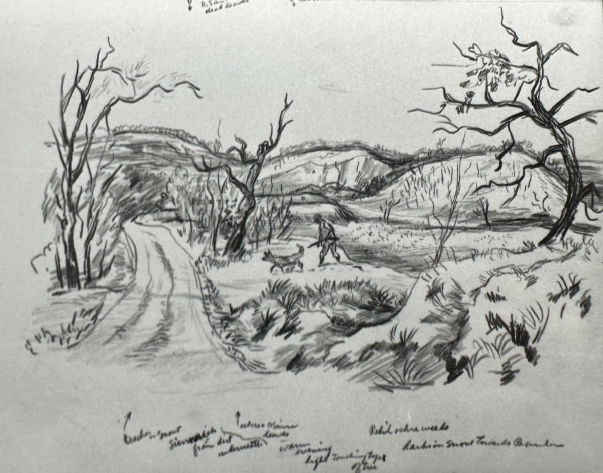 "Hunting Scene: Winter Sketch of Man and His Dog" named by CLL by Fred Shane, Image 1.