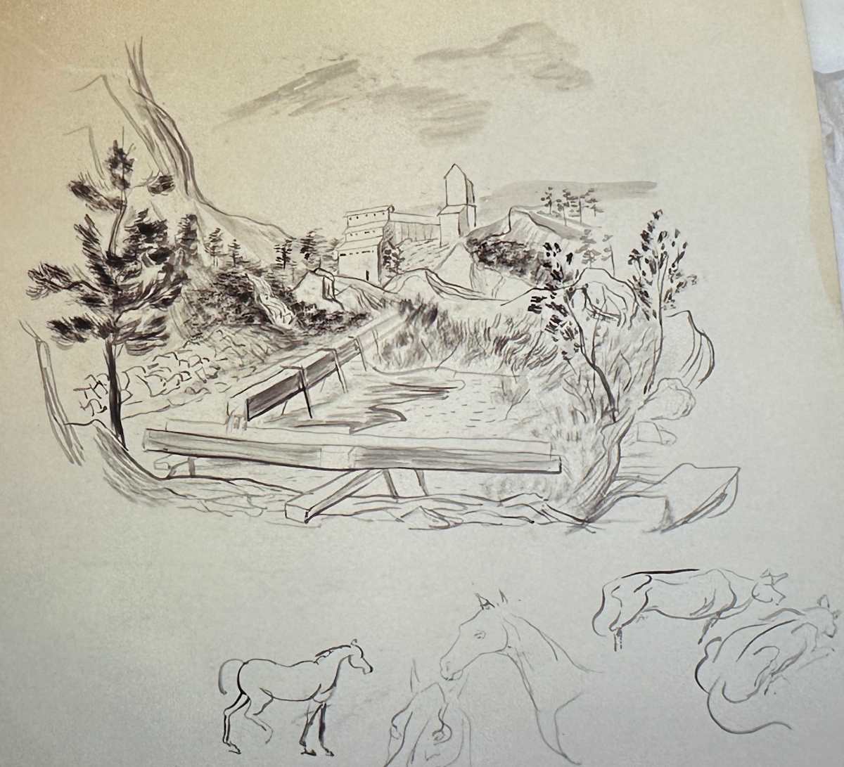 "Distant Building, Logs, Horses, Cows" Sketch by Fred Shane, Image 1.