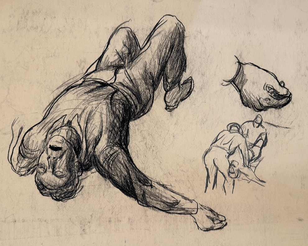 "Quantrill's Raid: Fallen Man; Hand; Men Lifting Man" by Fred Shane, Image 1.