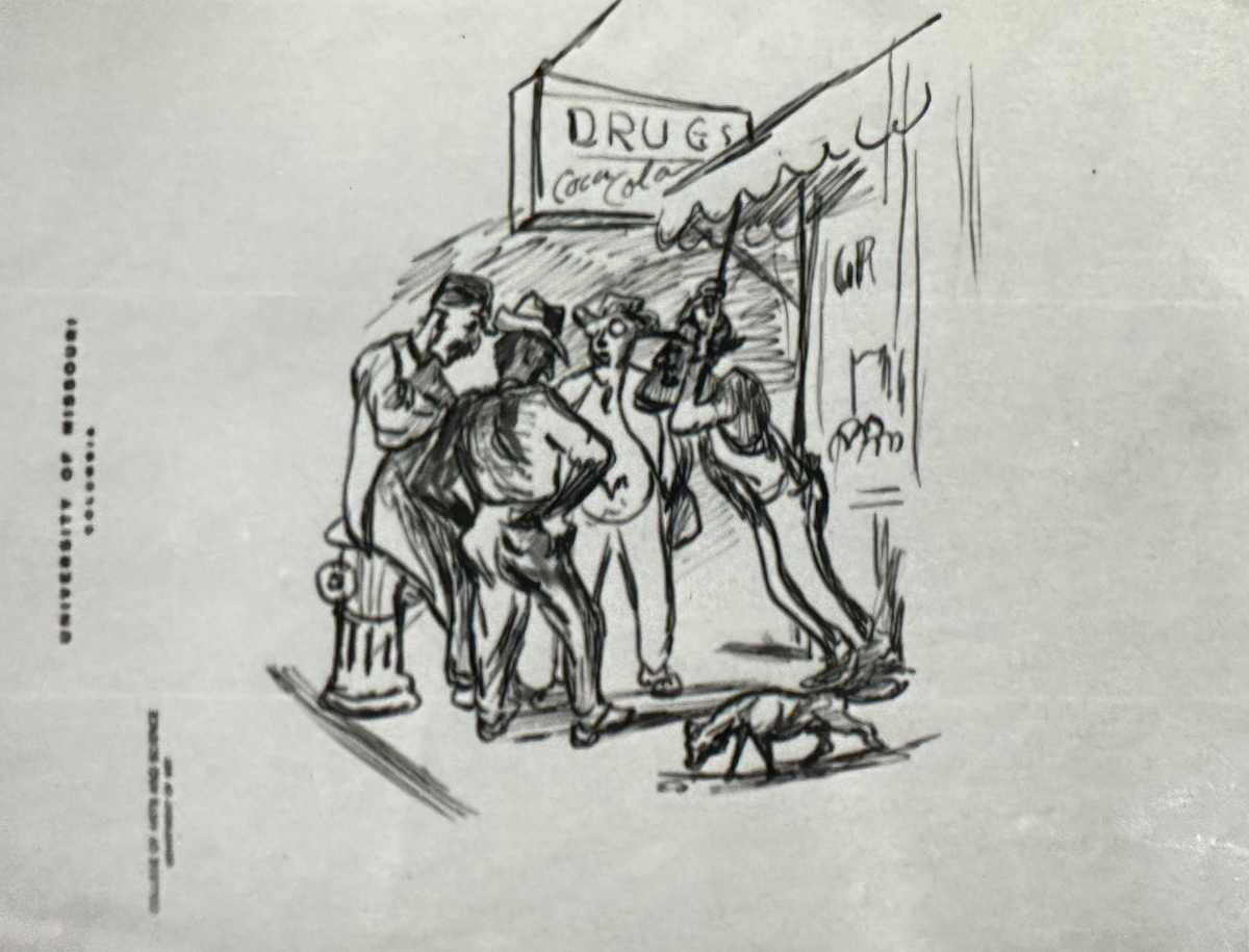 "Four Men Outside Drugstore" by Fred Shane, Image 1.