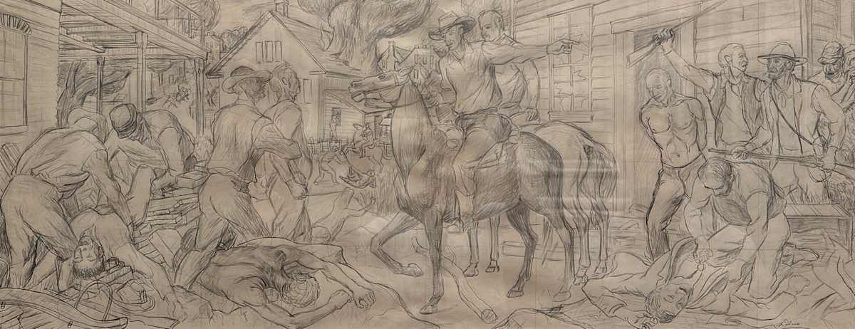 "Quantrill's Raid: Graphed Transfer Drawing for Mural" by Fred Shane, Image 1.