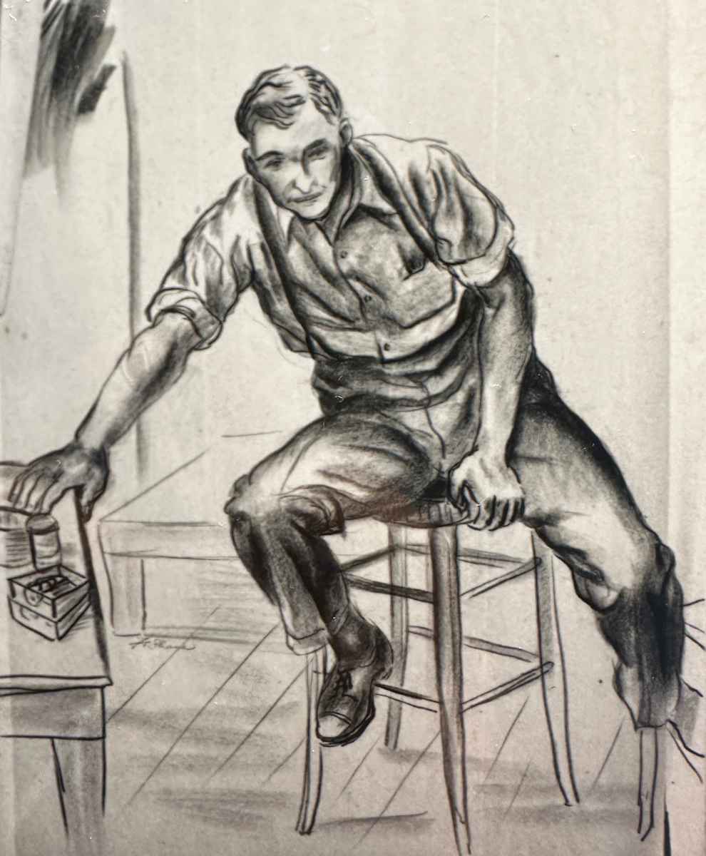 "Man on Stool Leaning Forward" by Fred Shane, Image 1.