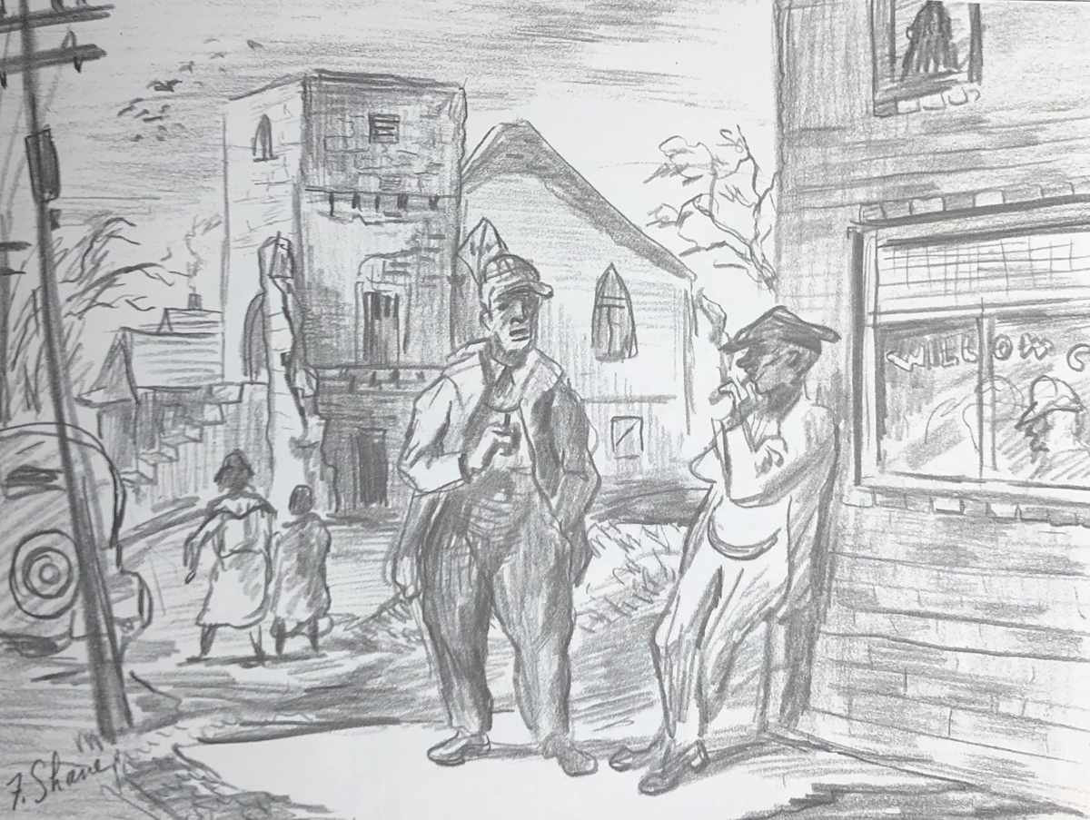 "Sharp End, Winter, with People" pencil sketch by Fred Shane, Image 1.