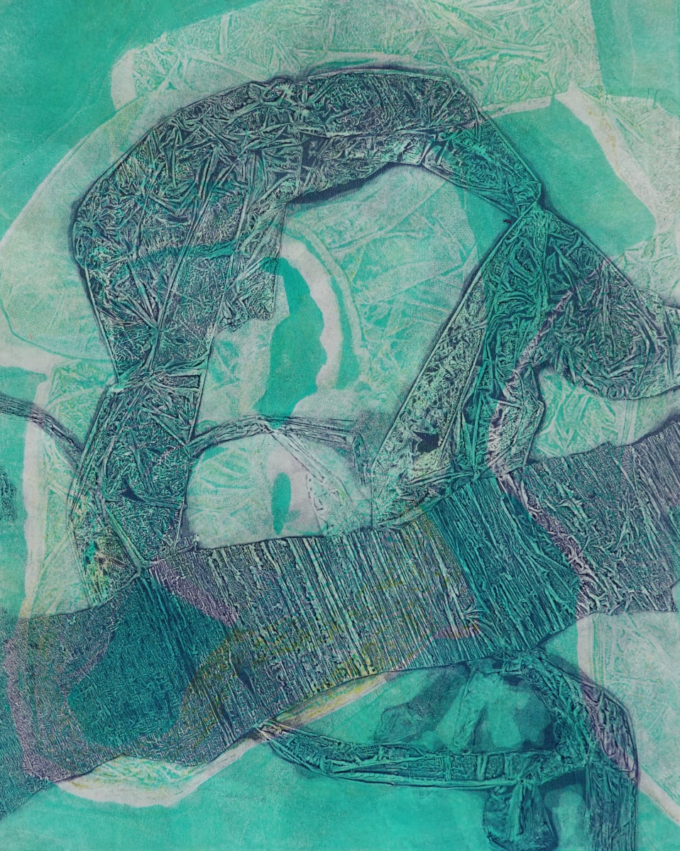 Cheap Charlie by Kathy Cornwell  Image: Cheap Charlie is a monotype created with trash: medical booties and discarded plastic.