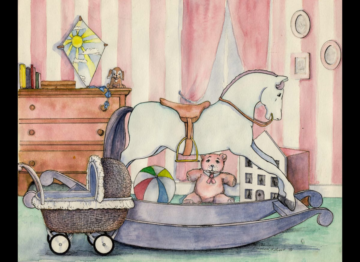 Rocking Horse Nursery by Elizabeth Stathis   Image: Pen & Ink plus watercolor illustration depicting a nursery setting for a children's book story about a much wanted child and the parents who put the nursery together in the anticipation of that child arriving.