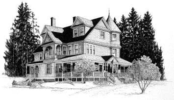 Northeastern Vermont Victorian Bed and Breakfast by Elizabeth Stathis   Image: Blue Moon Bed and Breakfast rendered in Pen & Ink for producing marketing materials for the business.