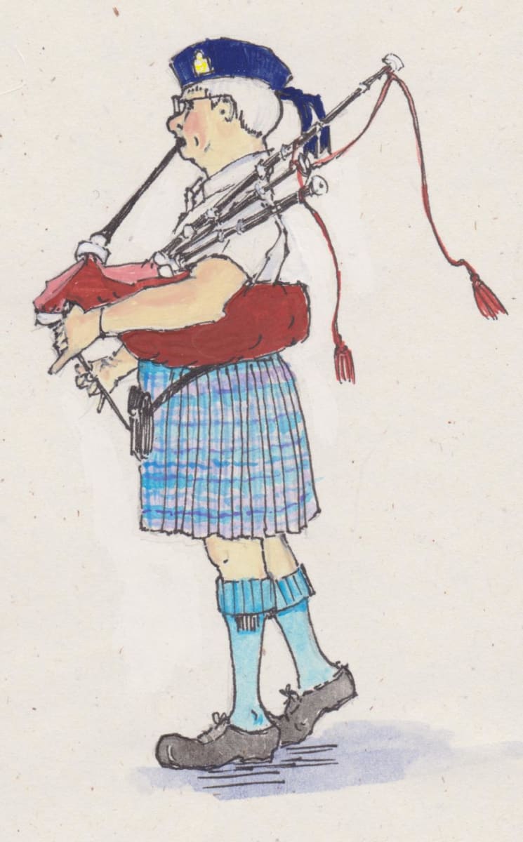 Bagpiper by Elizabeth Stathis   Image: A Pen & Ink, Gouache, and Watercolor rendering of one of the many participants of a small town parade for a children's book story about a small New England town