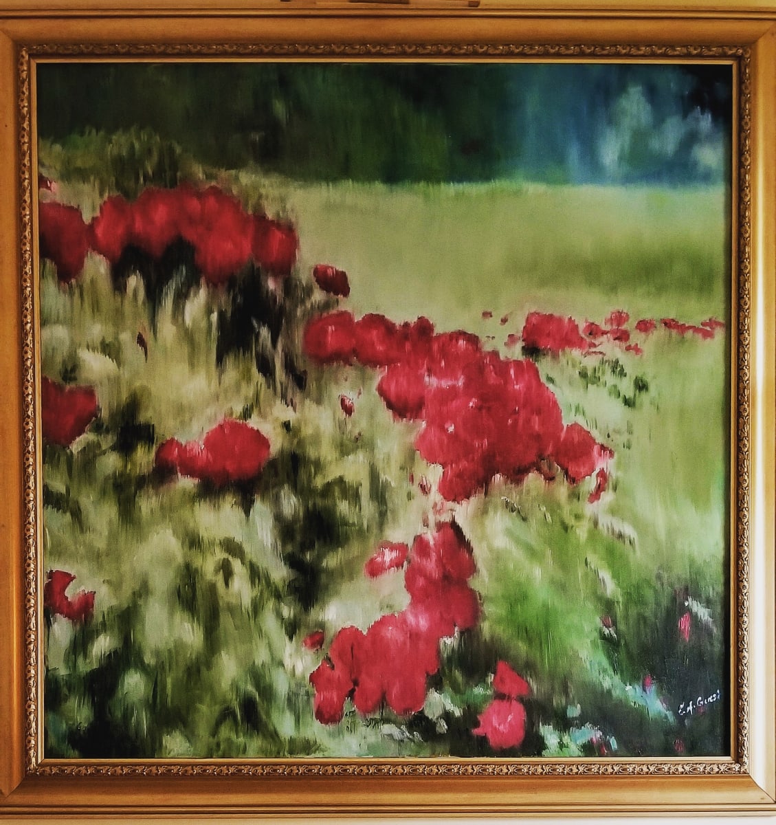 Rose Garden Light by Elizabeth Stathis  Image: Large Impressionistic painting of a rose garden that was executed via plein-air.