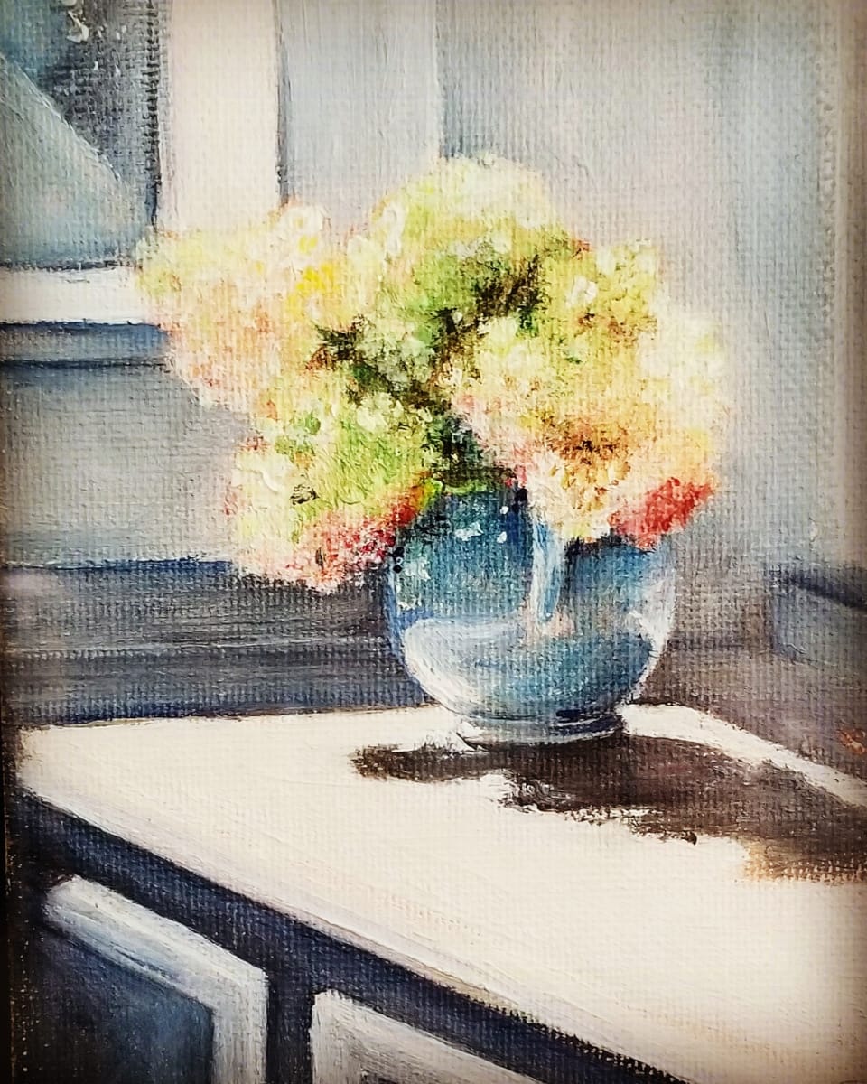 Blue Vase Still Life by Elizabeth Stathis   Image: Still life of fresh hydrangeas in a vintage 1930's blue pitcher rendered in oil on canvasboard.
