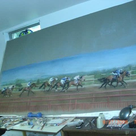 "Winning Horse Race" by Elizabeth Stathis   Image: "Horse Race". Pastel on pastel paper. 8 feet by 4 feet.