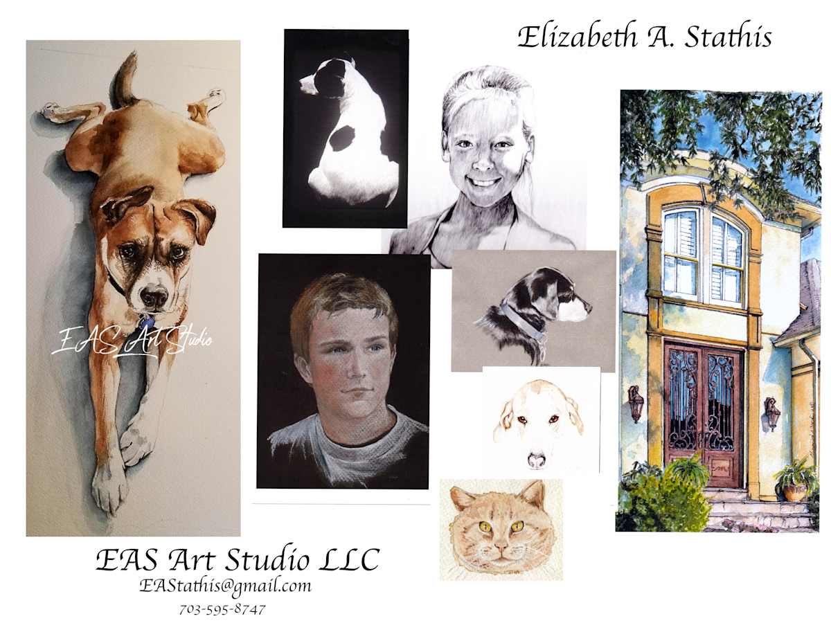Portrait Commissions Flyer by Elizabeth Stathis  Image: I'm available to take on commissioned artwork requests. Please email me at EAStathis@gmail.com. I may not be able to see your messages on this website in a timely manner due to delays from their security scanning software.