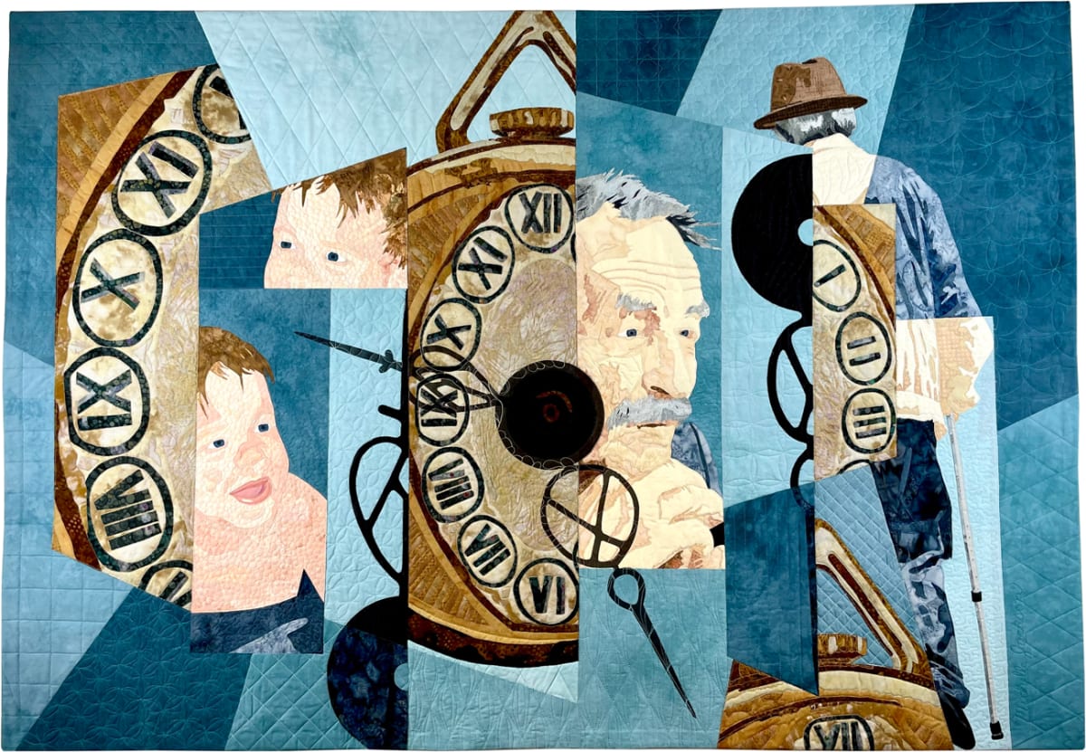 The Passage of TIme by Michelle Jackson  Image: I wanted to make a piece that had both the pocket watch (I took photos of an old pocket watch that belonged to a grandparent) and portraits in the cubist style. I started by dividing the space into sections. As I started to put in the watch pieces and the portraits I decided not to make it as cubist as I originally thought, but still keeping the sections. I wanted the beauty of the watch to be seen clearly. I used a photo of my son as a baby and then found two copyright free photos of an older man on the internet. I decided to make the hands of the watch overlap other sections and I quilted this piece using a grid method which can look much more complicated than it really is. 