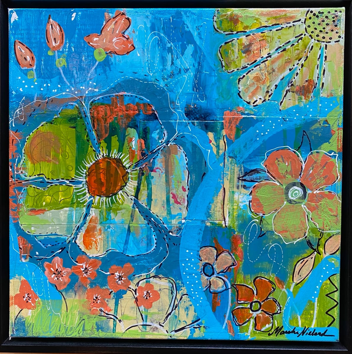 Funky Wildflower by Marsha Nieland  Image: Mixed Media on 12x12 canvas with black floating frame.