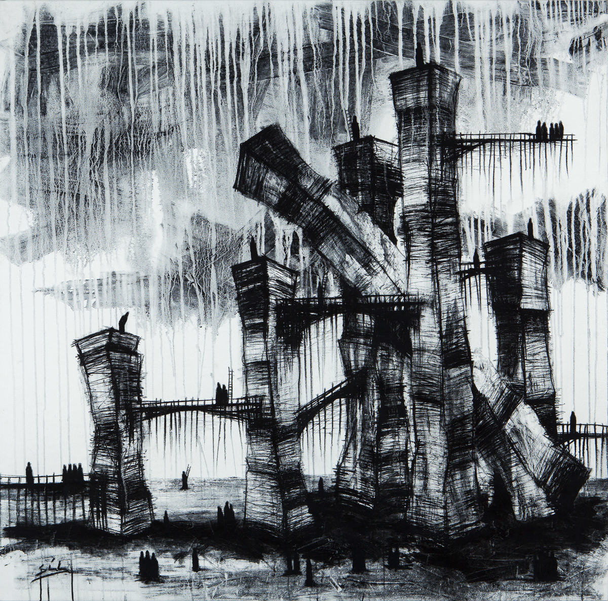 Sin Titulo - Black and White Charcoal of a bridge by Sandor Gonzalez 