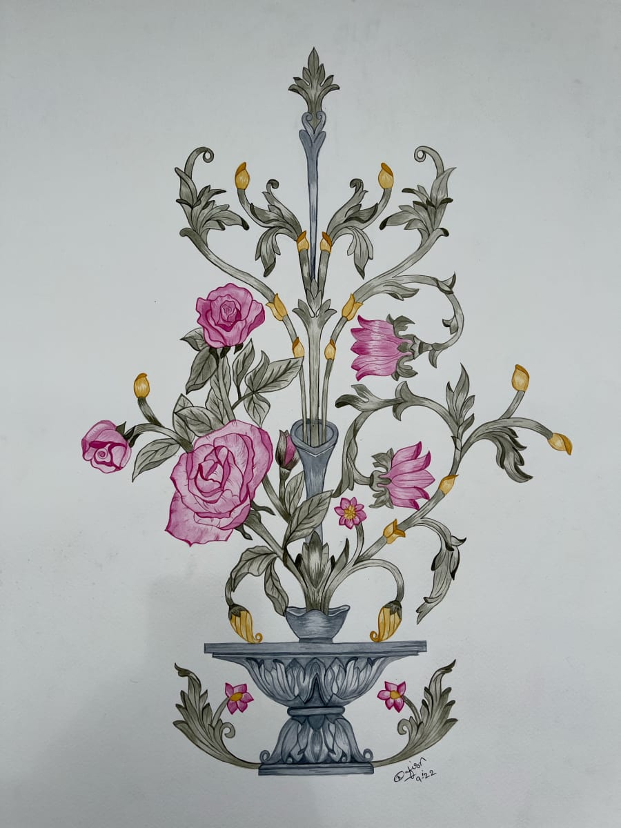 The Fruition by Nafisa Vajihie  Image: The Fruition is a rendering of the motif on the façade of the Qubba Mubaraka of Syedi Fakhruddin al-Shaheed QR through the artist’s eyes. 