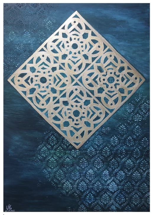 The Luminous Damask by Ummehani Huzaifa Kapadia  Image: "The Luminous Damask" by Ummehani Kapadia is a modern-day representation of traditional Arabic and Hindustani cultural elements, beautifully merging traditional damask patterns with an abstract ink splash background.
