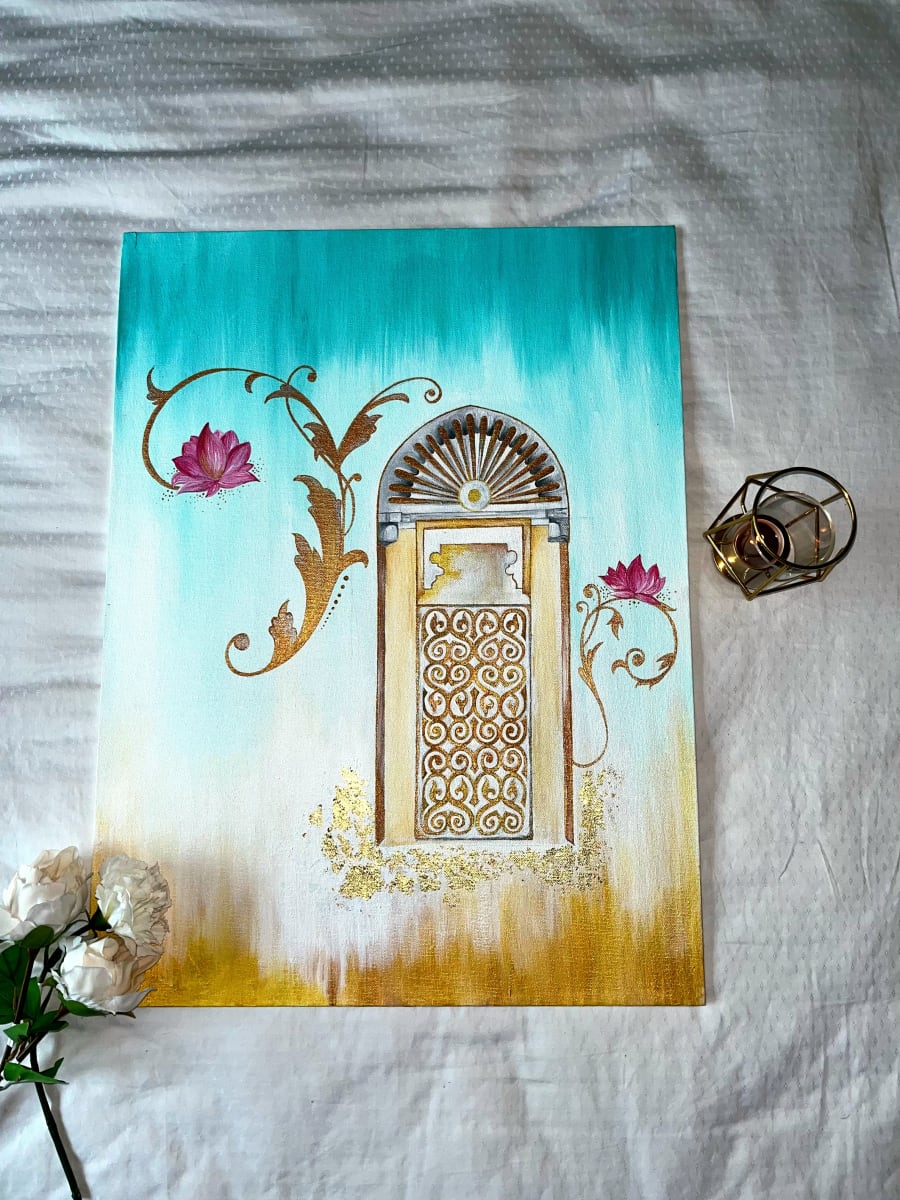 Mystique by Arwa Kapasi  Image: "Mystique" captures the beauty and spiritual essence of Syedna Noor Mohammed Nooruddin's RA Mazaar e Noorani through intricate gold biomorphic and geometric patterns, symbolizing enlightenment and transcendence.