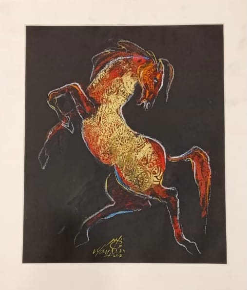 Strokes of Strength - Thunderous Roar by Mazher Nizar  Image: The abstract horse in this piece seems to emit a thunderous roar of power. Its bold, explosive shapes and vivid color palette resonate with an overwhelming force, echoing the intensity of untamed strength.