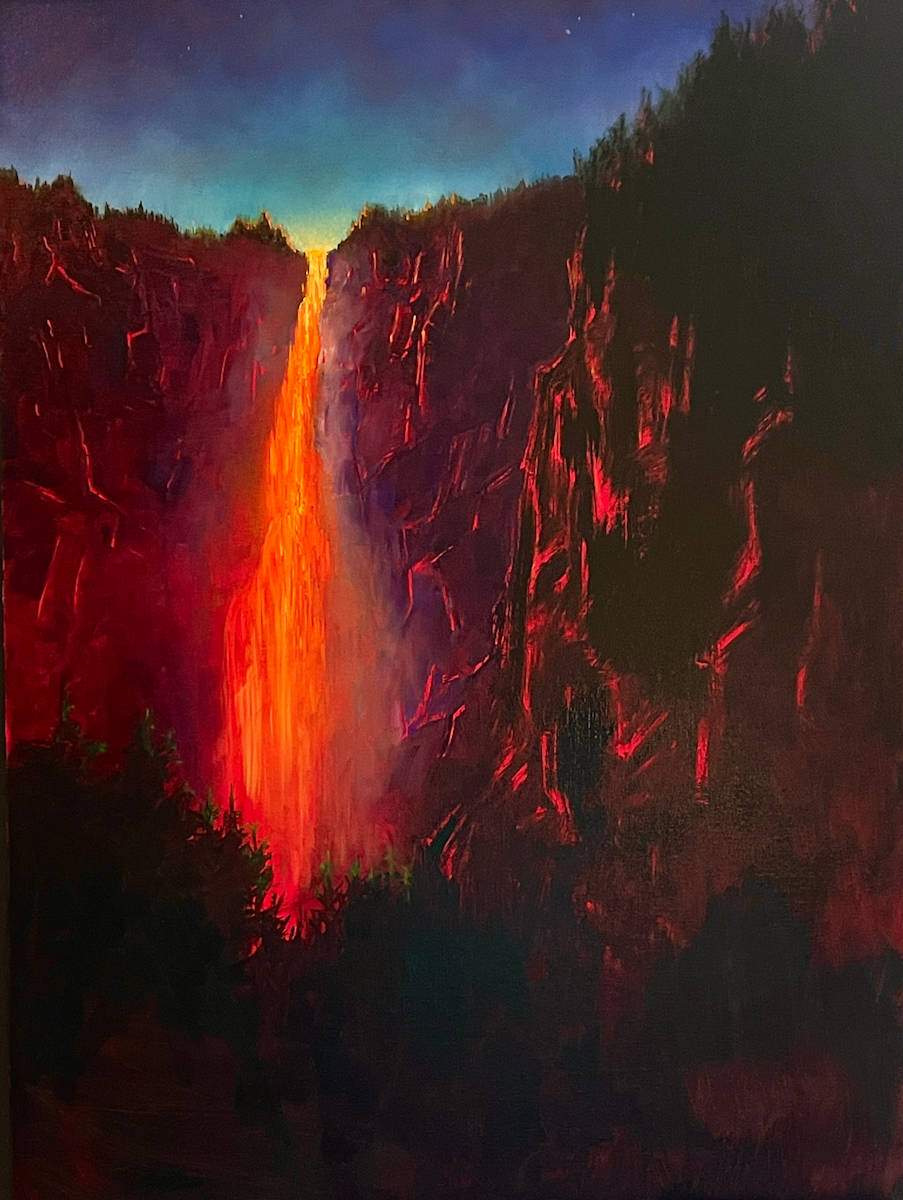 FIRE FALL [oil] by Laura Pollak  Image: Painting Memories-
When I was 5, our family visited Yosemite.   I still have vivid memories of our time there.
This painting is of a memory that I wasn't sure if it was real or imagined.   It was vivid but realistically, we can have faulty memories after all that time.
I decided to look up if I correctly remembered whether FIRE FALL in Yosemite at dusk was a real thing.
And YES!   At the base of a mountain, we gathered and would look up to the heights of the cliffs where the rangers made a HUGE bonfire.   When the moment was right they bulldozed it over the edge and the cascading embers veiled down like a waterfall of fire.
They stopped the practice in 1962 for environmental and fire concerns.
But this memory of pure magic has stayed with me all these years!
FIRE FALL is an Oil Painting that is 21 x 28.