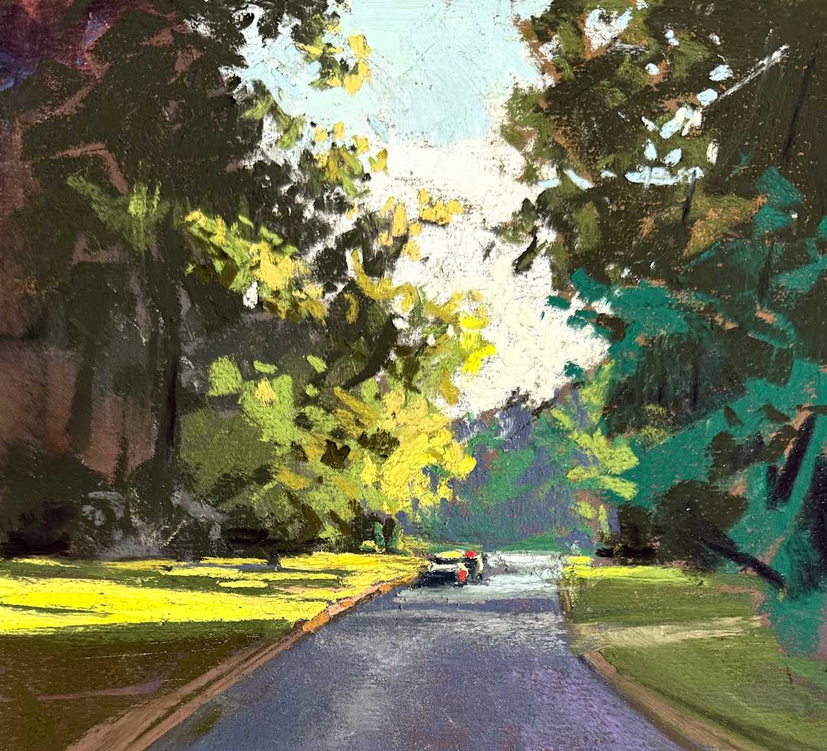 Down the Street by Laura Pollak  Image: As the late afternoon sun glows through the arbor of trees in the neighborhood it creates a warm golden cast.
