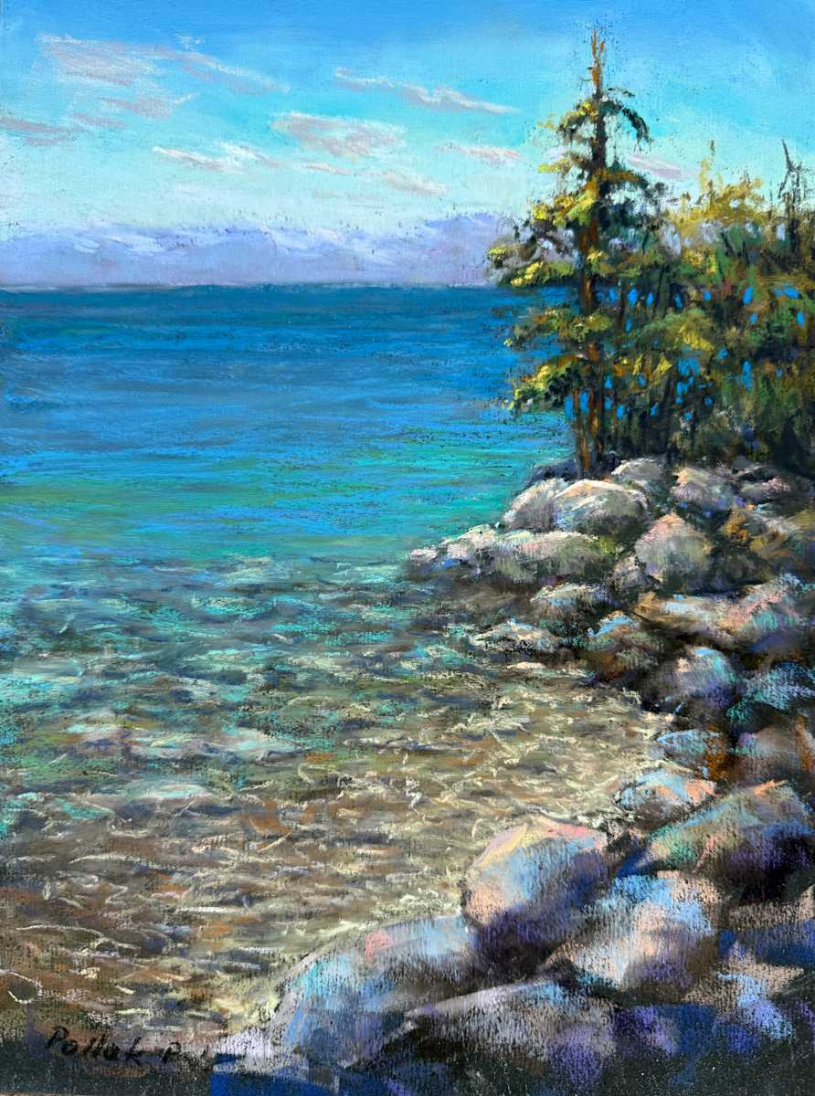 STANDING TALL by Laura Pollak  Image: This beautiful pine stood alone at the point overlooking the crystal clear waters of Lake Tahoe.