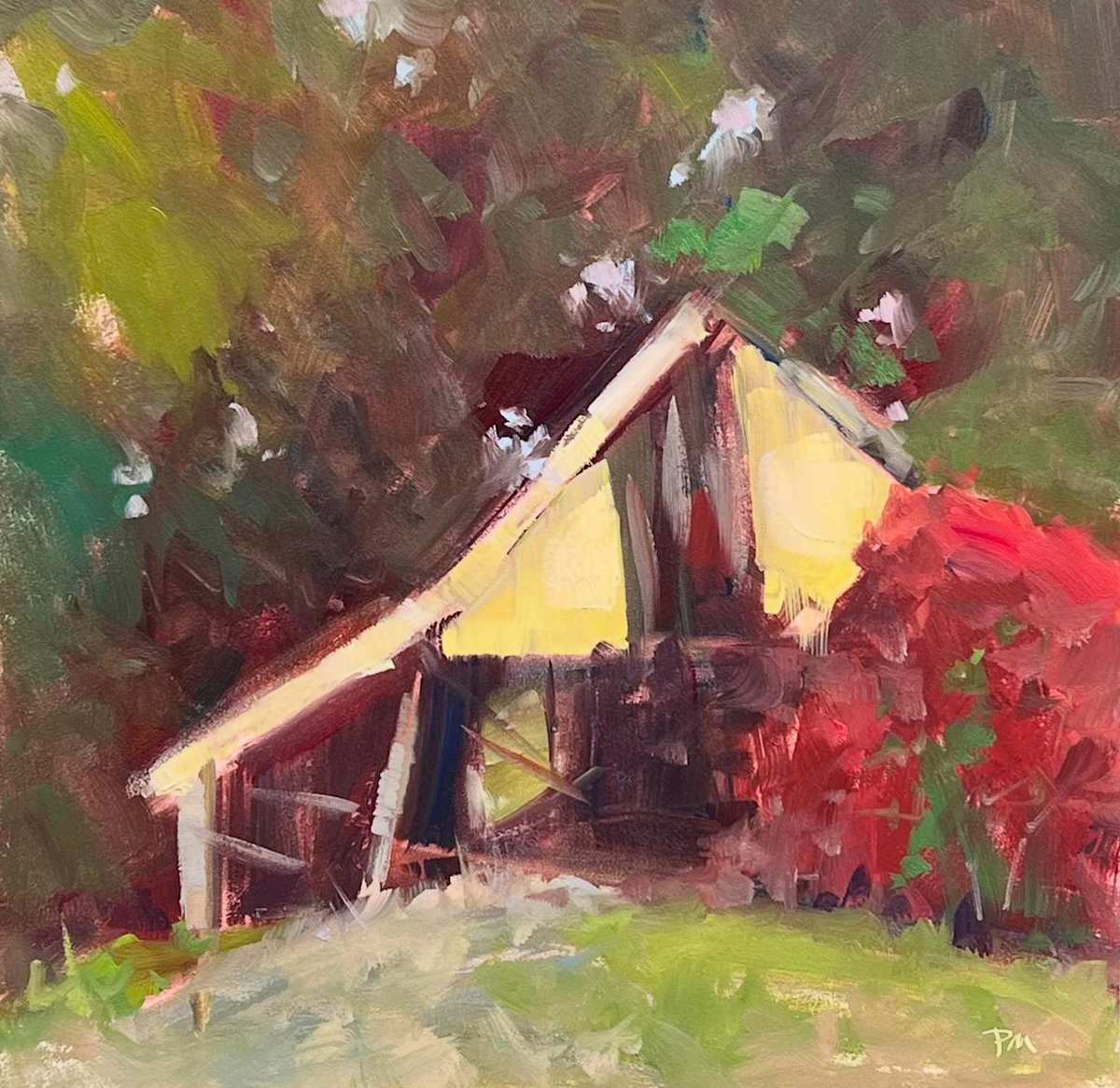 Saggy Baggy Yellow Barn by Patti McNutt  Image: Painted en Plein Air at Deterings Orchard 