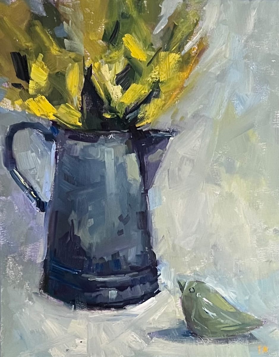 Pewter Pitcher, Flowers and Green Bird by Patti McNutt 