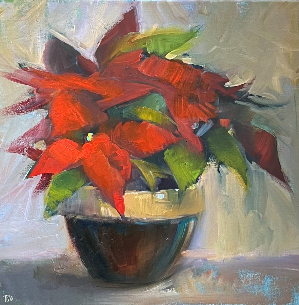 Poinsettia in Brown Bowl by Patti McNutt  Image: Oil on Canvas Still Life