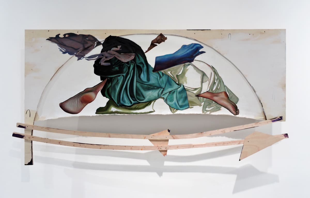 body is an unmade bed by Amber Tutwiler  Image: body is an unmade bed
2019
Oil on Canvas, Wood
46 x 100 x 4 inches 

