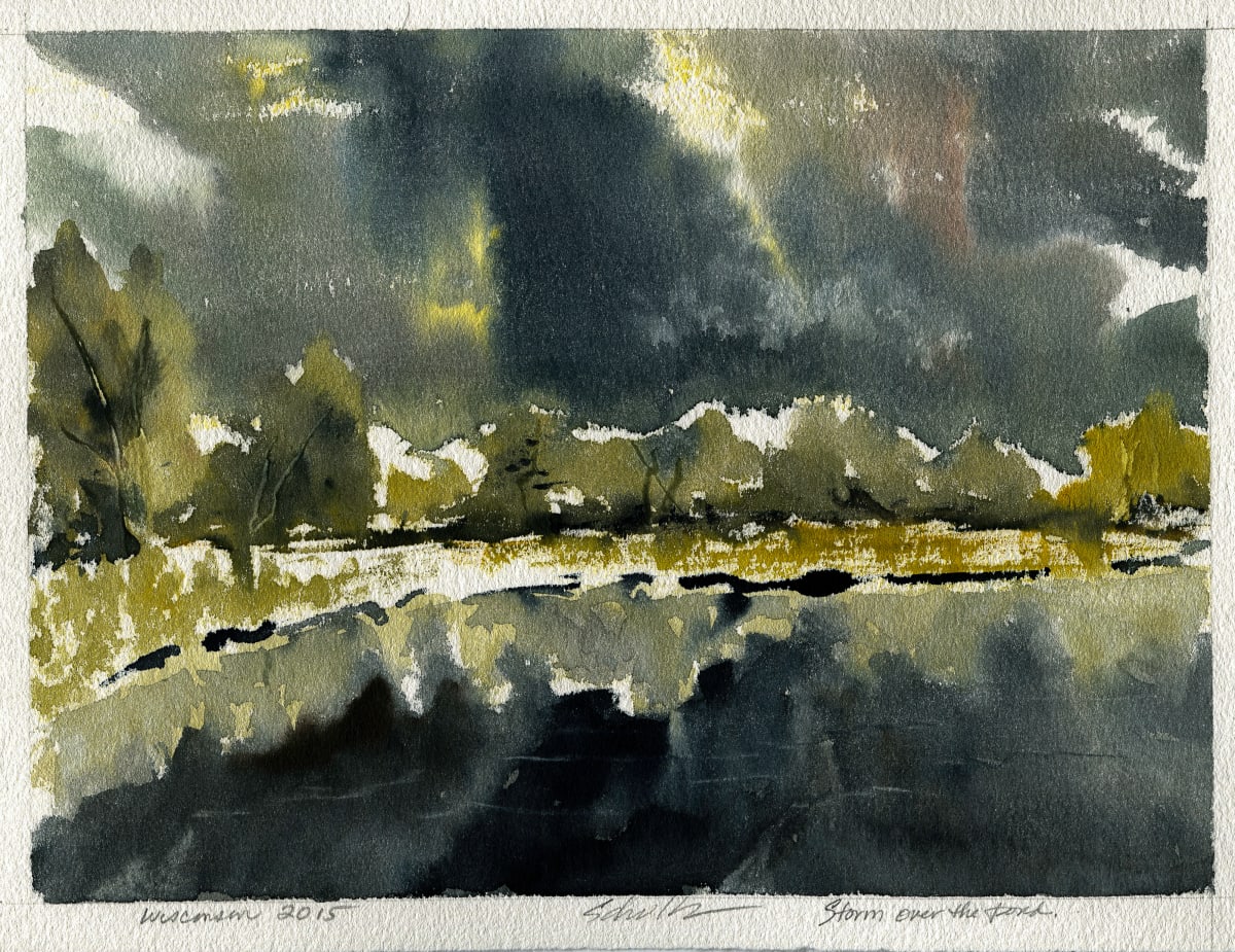 Storm Over the Pond by Sandra Schultz  Image: Plein air watercolor landscape