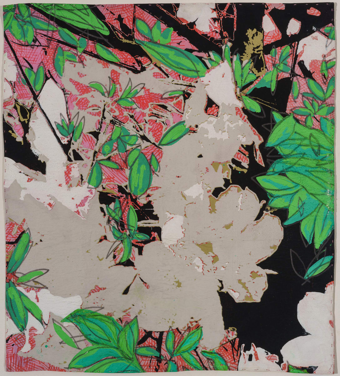 Azalea 7 by Emma Treadwell  Image: Multi-layered Silk Screen Print on Silk Charmeuse. Before printing, the silk is painted with thickened and thinned dyes. Each printed color represents one layer. Each layer requires one screen. This print uses 7 screens. The edges are hand stitched.
