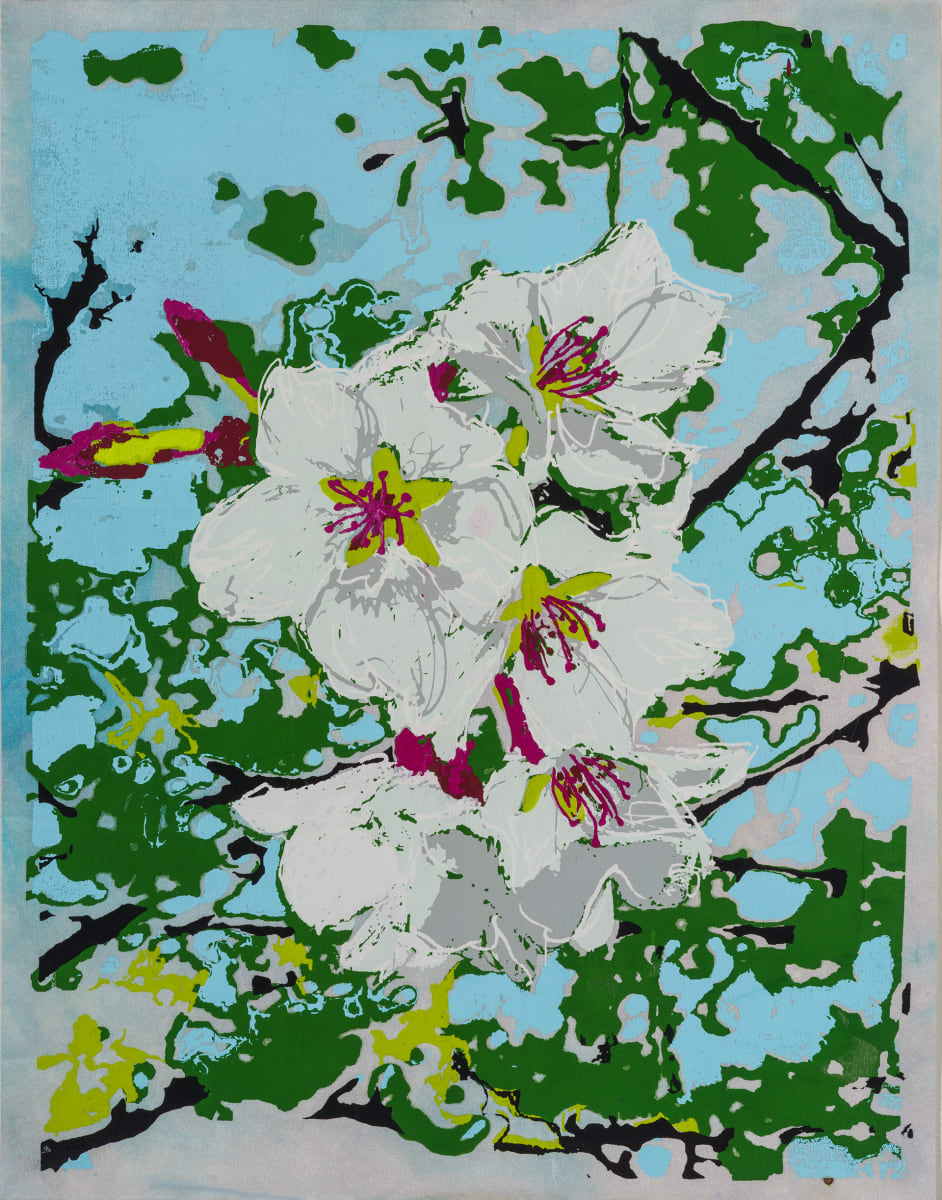 Cherry Blossoms by Emma Treadwell  Image: Multi-layered Silk Screen Print on Silk Dupioni. Before printing, the silk is painted with thinned and thickened dyes. Each printed color represents one layer. Each layer requires one screen. This print uses 9 screens.