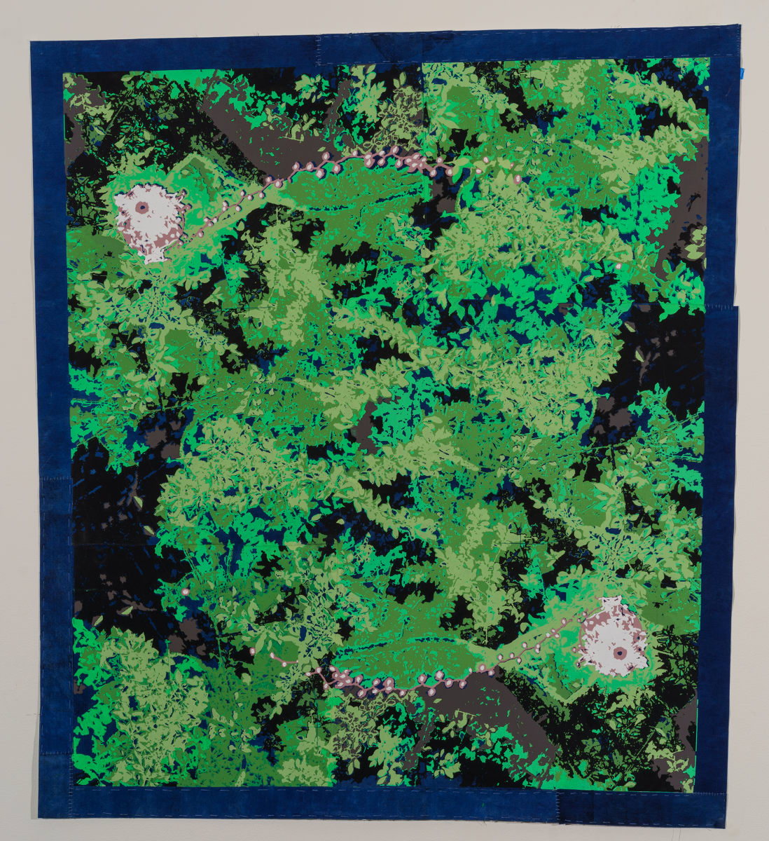 Mama's Patio by Emma Treadwell  Image: Collage of four individual multi-layered silk screen prints on Indigo-dyed Silk Charmeuse. Each printed color represents one layer. Each layer requires one screen. This print uses 8 screens.