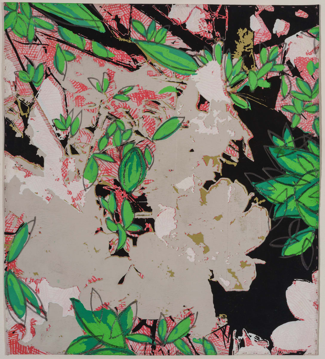 Azalea 6 by Emma Treadwell  Image: Multi-layered Silk Screen Print on Silk Charmeuse. Before printing, the silk is painted with thickened and thinned dyes. Each printed color represents one layer. Each layer requires one screen. This print uses 7 screens. The edges are hand stitched.