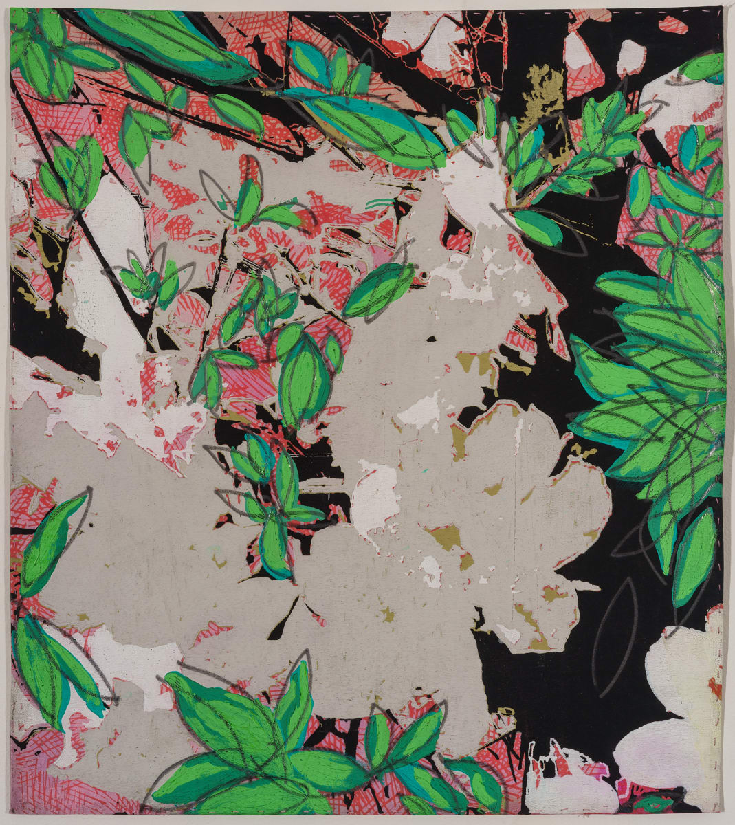 Azalea 5 by Emma Treadwell  Image: Multi-layered Silk Screen Print on Silk Charmeuse. Before printing, the silk is painted with thickened and thinned dyes. Each printed color represents one layer. Each layer requires one screen. This print uses 7 screens. The edges are hand stitched.