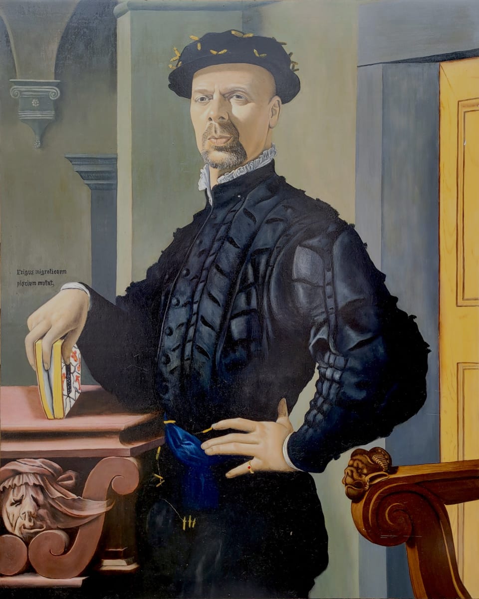 Le Sieur Szalowski by Philippe Walker  Image: Portrait of Canadian screenwriter and novelist P. Szalowski holding one of his best sellers: “Le froid modifie la trajectoire des poissons”, based on a painting by Agnolo di Cosimo, usually known as Bronzino
